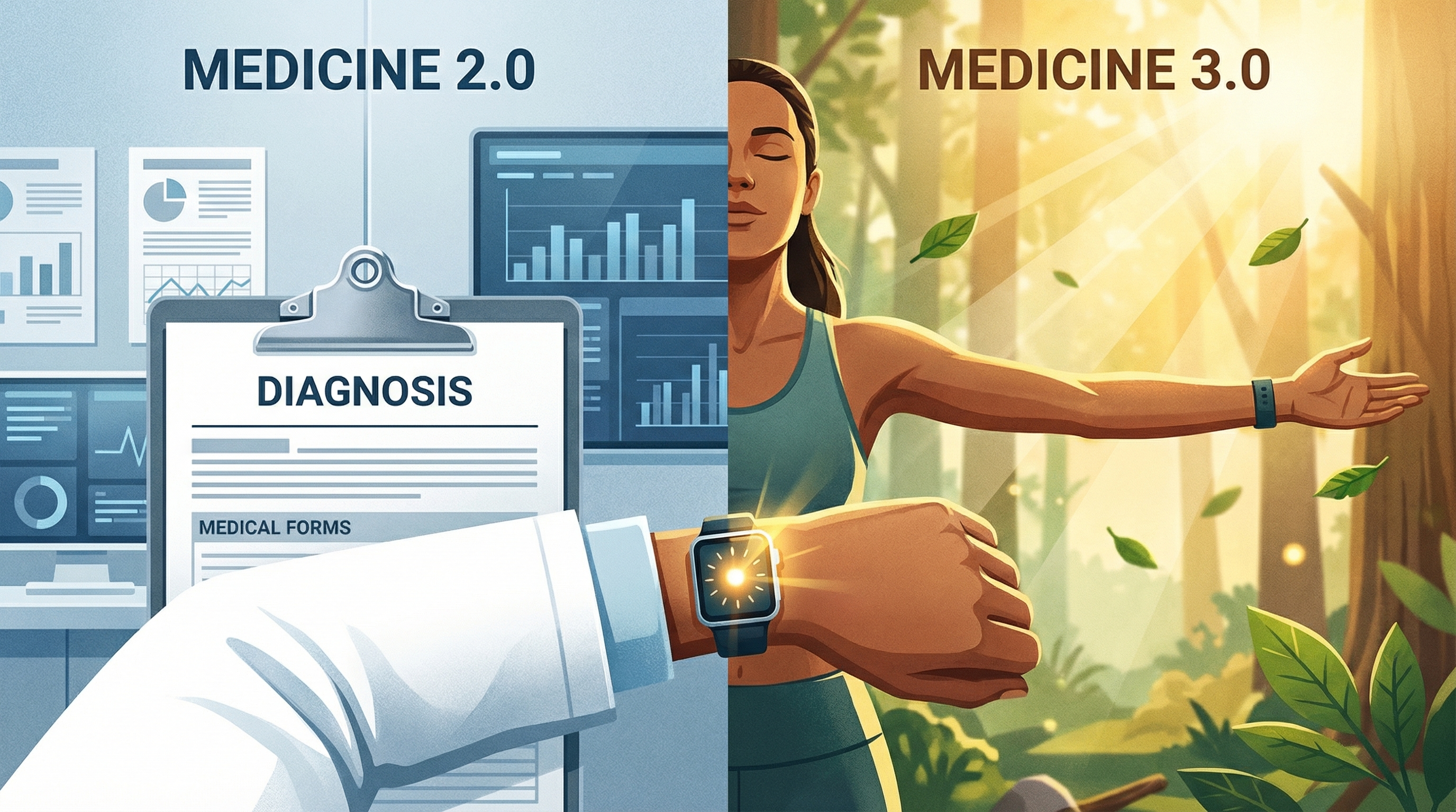 Split comparison: Medicine 2.0 sterile cold hospital setting vs Medicine 3.0 person breathing outdoors with smartwatch in warm golden light