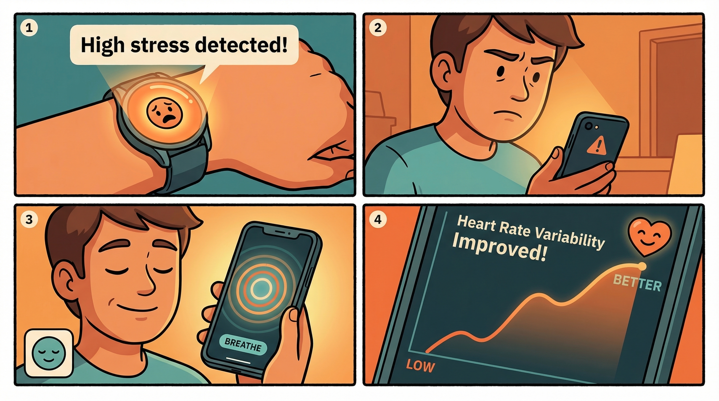 4-panel comic strip: smartwatch detects stress, person checks phone, uses breathing app, HRV graph climbs upward
