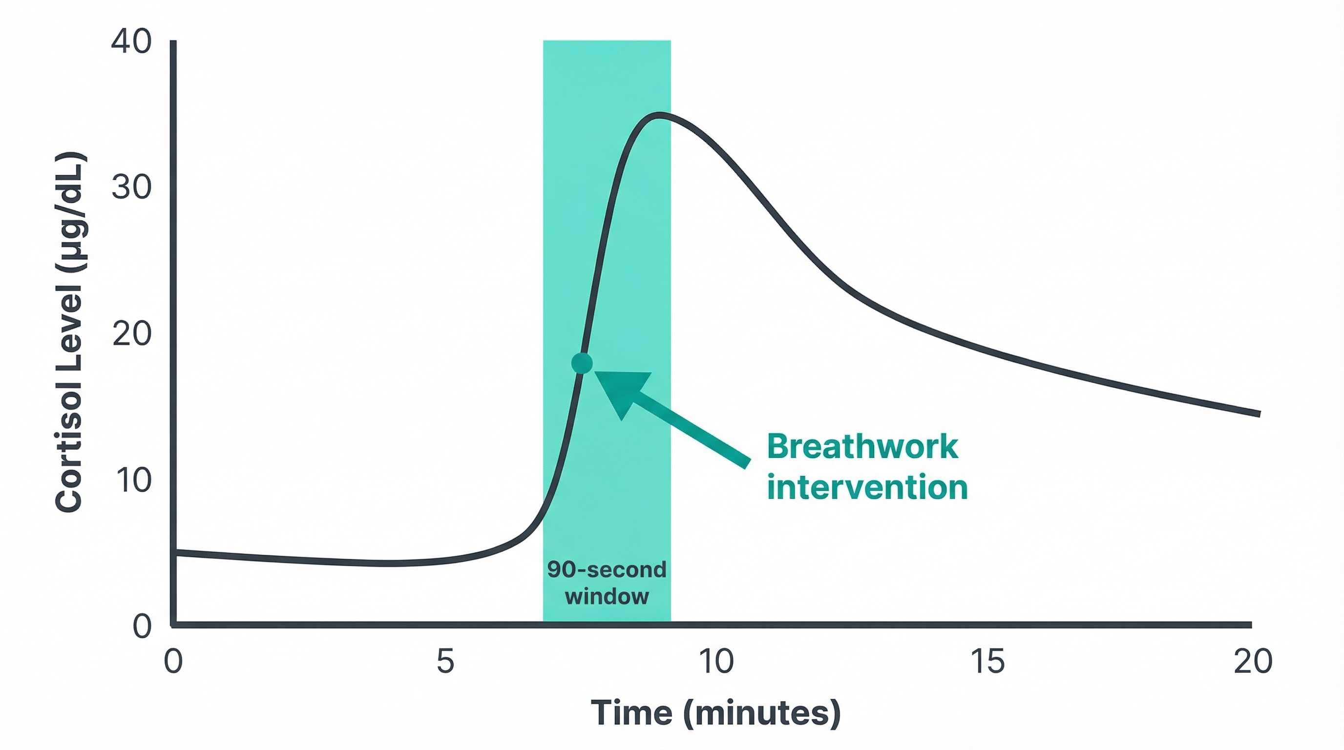 Scientific graph showing cortisol spike curve with 90-second intervention window highlighted in teal showing where breathwork intercepts the stress cascade